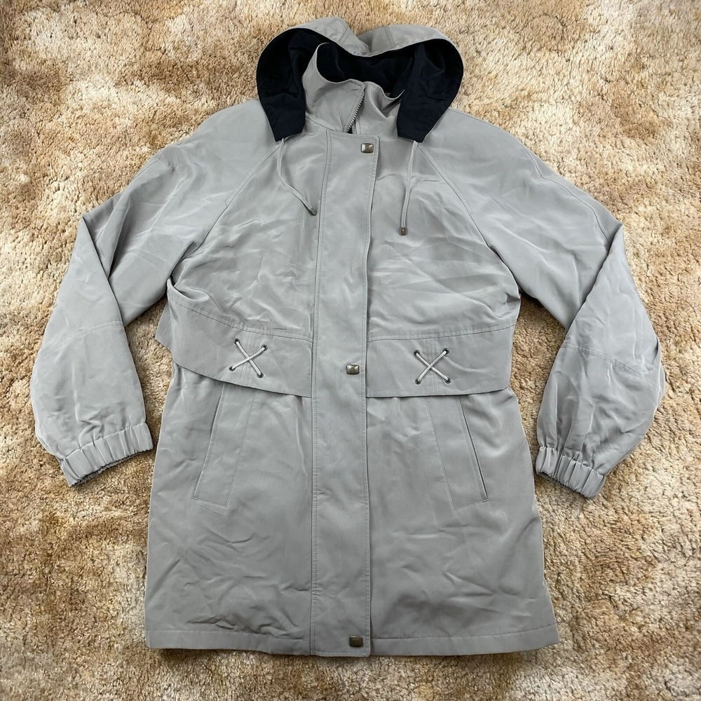 London Harbor Fleet Street Womens Gray Hooded Parka Jacket L Criss Cross Detail